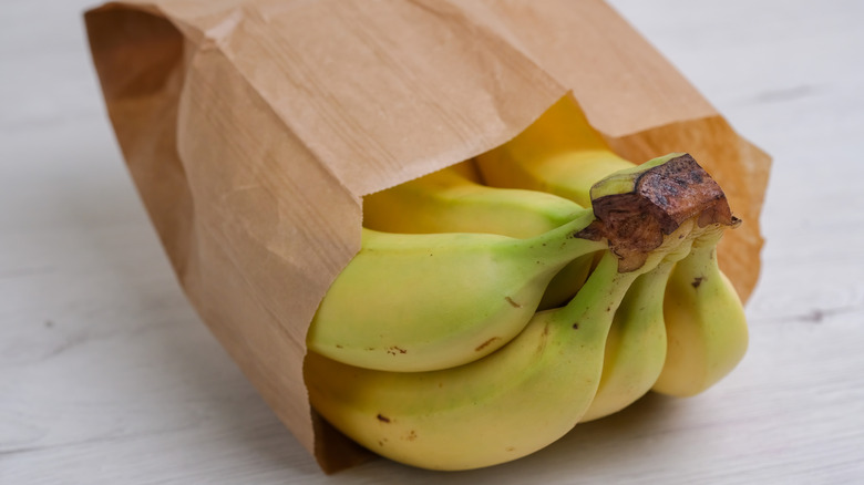 unripe bananas in a brown paper bag