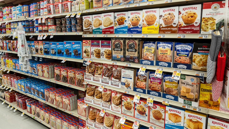 baking aisle of mixes at grocery store