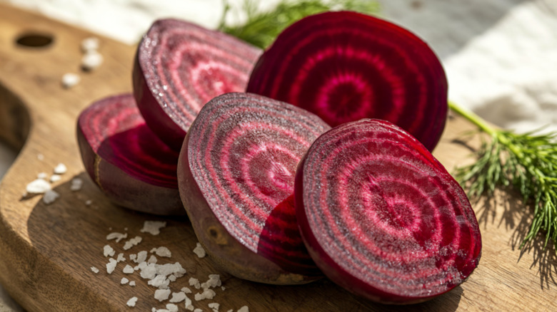 Close-up of sliced beetroot on a wooden tray