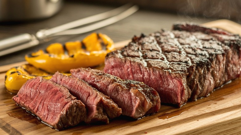 Sliced steak on a cutting board with grilled yellow peppers