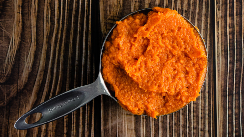 canned pumpkin in a measuring cup
