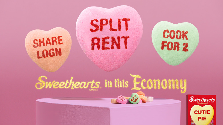 Conversation hearts on a pink background