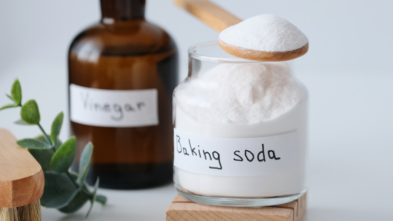 vinegar and baking soda in glass bottles