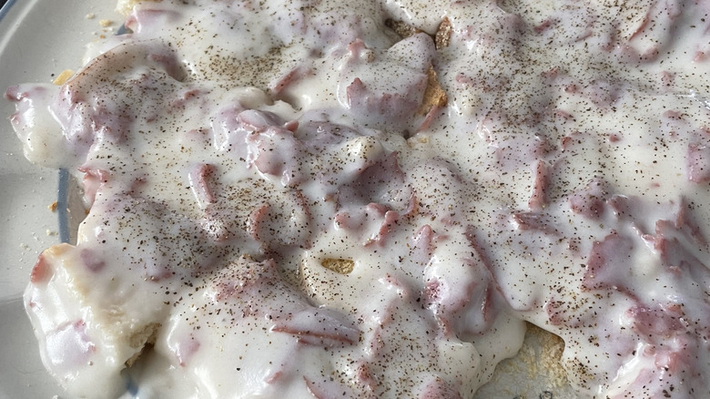 Creamed chipped beef on toast on a white plate