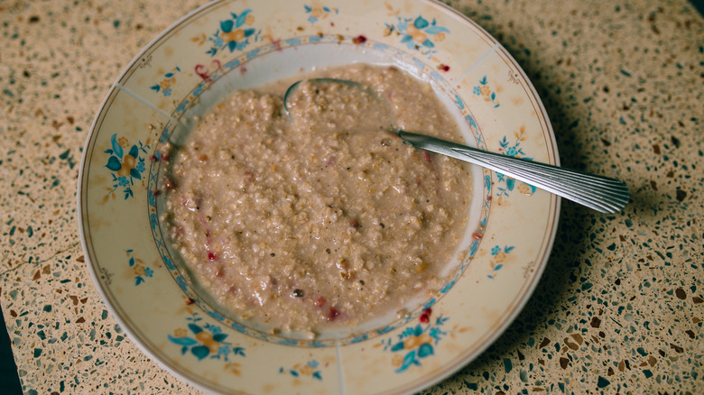 A bowl of porridge in a vintage bowl
