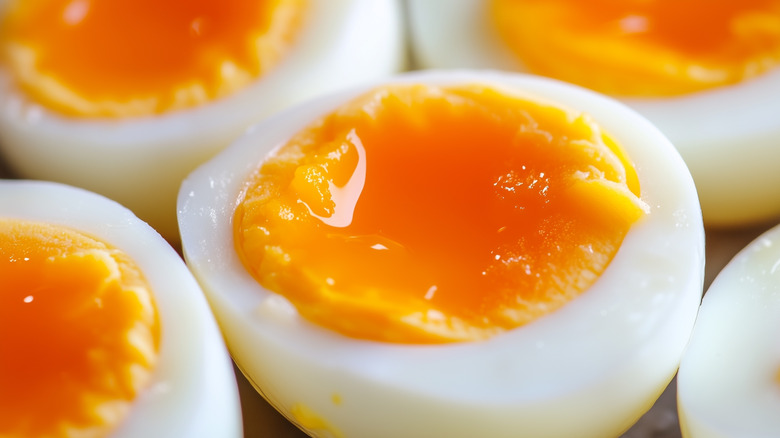 A close-up of soft-boiled eggs