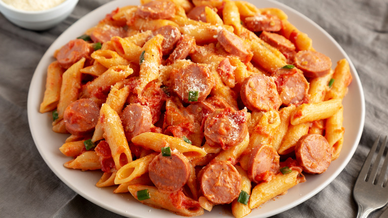 Hot dogs on pasta