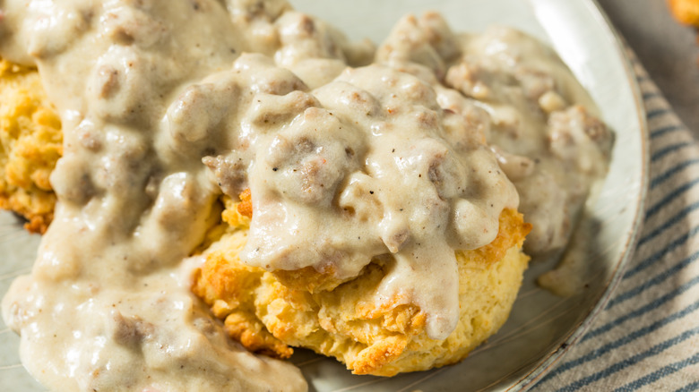 Golden biscuit smothered in creamy, sausage gravy.