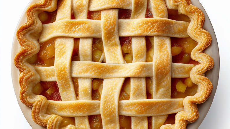 Aerial view of whole pie with lattice top.