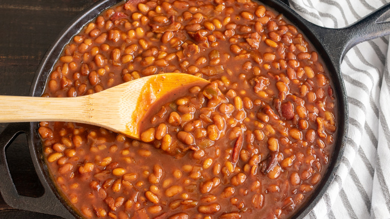 Cast iron skillet filled with beans