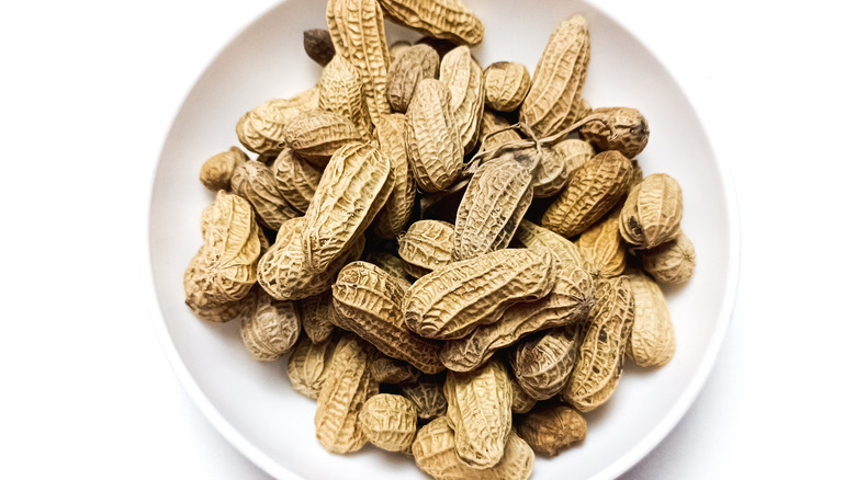 Pile of shell on peanuts on a white plate.