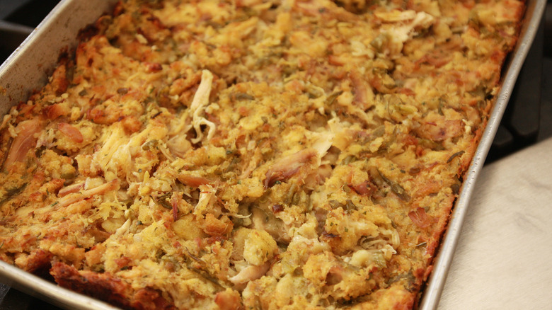 Chicken and Dressing Casserole Closeup in Baking Pan