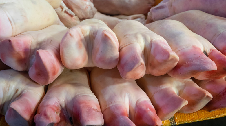 A pile of raw pigs' feet