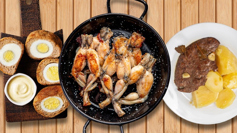 Composite image of scotch eggs fried frog legs and beef liver with potatoes