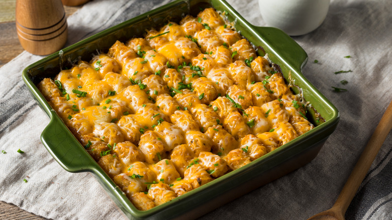 Tater tot hotdish casserole with beef and cheese
