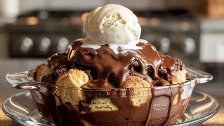 Chocolate cobbler topped with ice cream