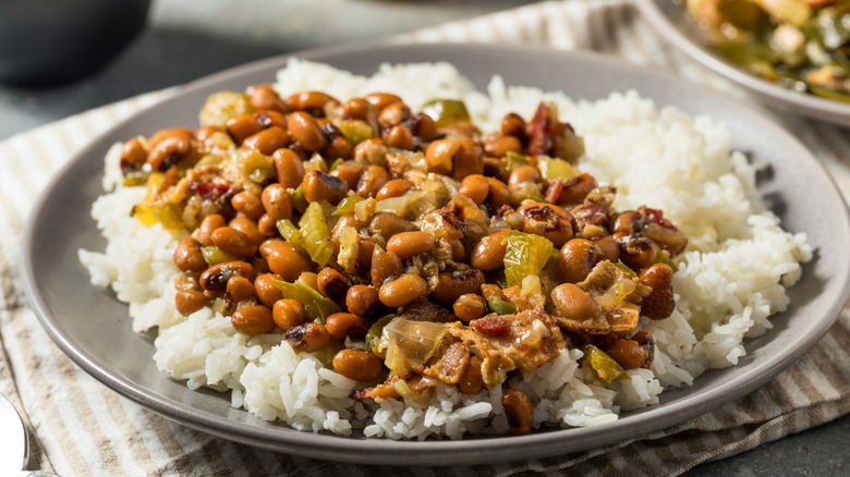 Plate of hoppin' John on rice