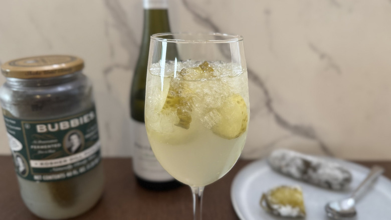 Closeup of pickle wine in a glass
