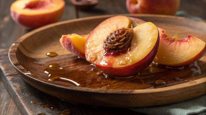 Halved and quartered peaches on a wooden plate