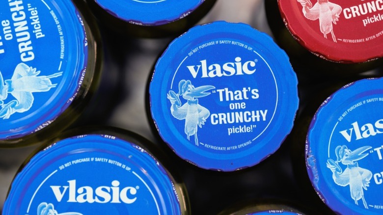 Jars of Vlasic viewed from above, showing the stork on the lids.