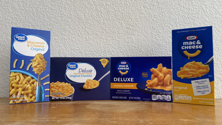 all four mac & cheese boxes in a horizontal row