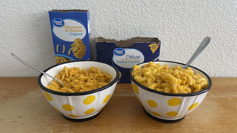 both Great Value mac & cheeses in bowls beside their boxes