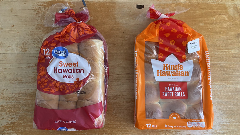 Bags of both kinds of rolls laying flat on a table
