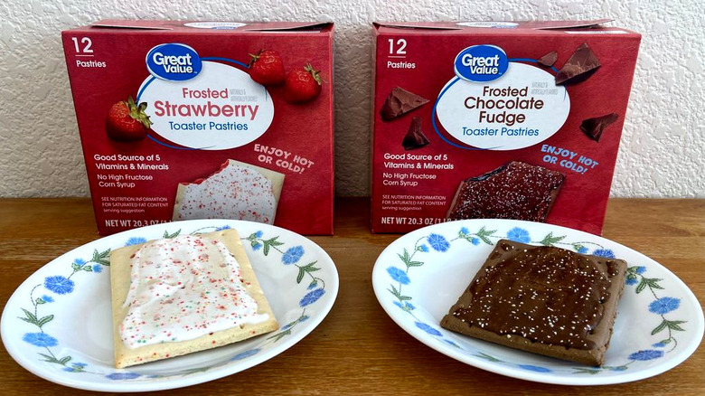 individual Walmart toaster pastries on small plates in front of their boxes