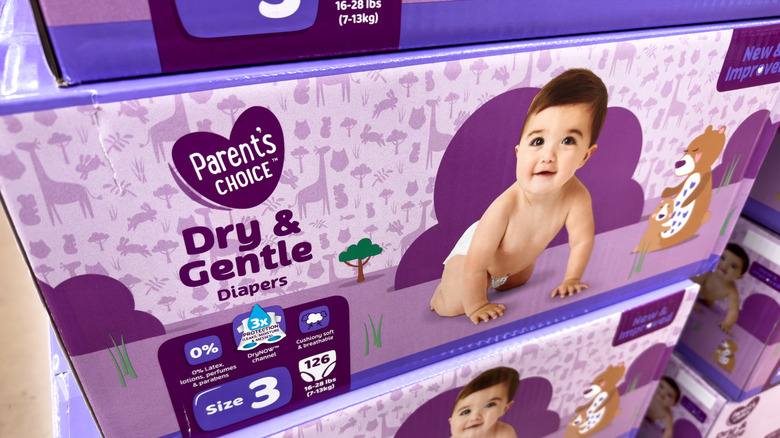 Stack of Parent's Choice diapers at Walmart