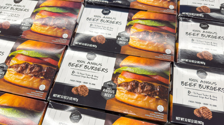 Stock of Sam's Choice burger packages