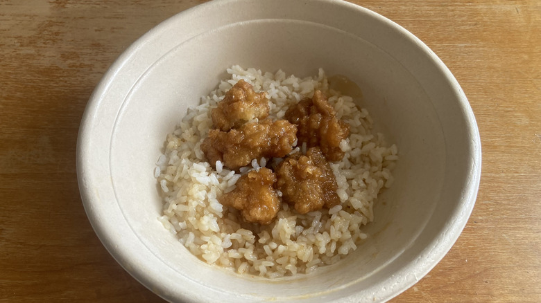 Walmart's orange chicken bowl after heating in microwave