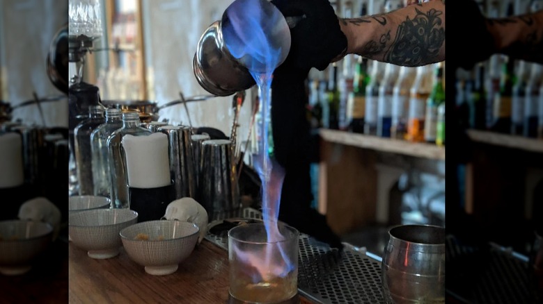 Blue Blazer cocktail with fire coming out