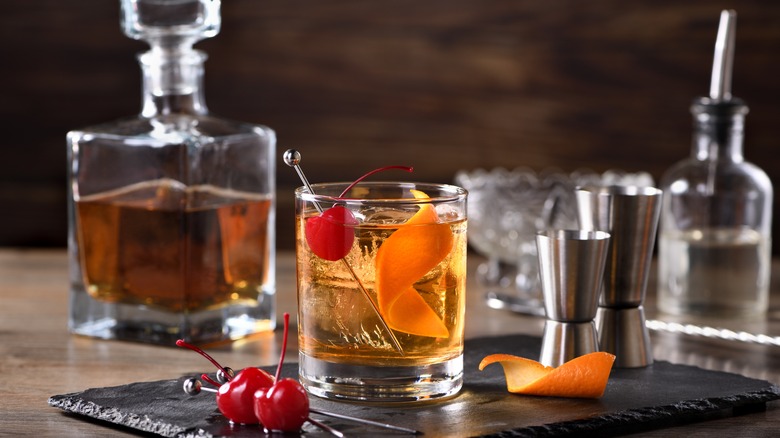 Bartending station with the ingredients for an Old fashioned.