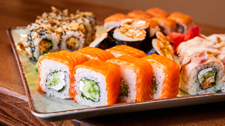 sushi selection on a rectangular plate