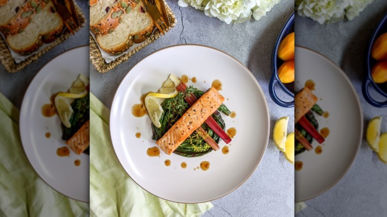 salmon on a bed of Swiss chard
