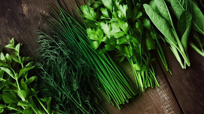 Freshly clliped herbs on wooden background, Various garden herbs on table. Basil, dill, parsley, rosemary.