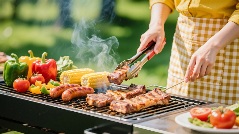 A person grilling meat, vegetables, and corn on a barbecue outdoors