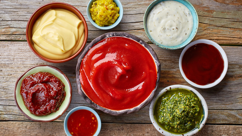 bowls of various dip sauces, top view