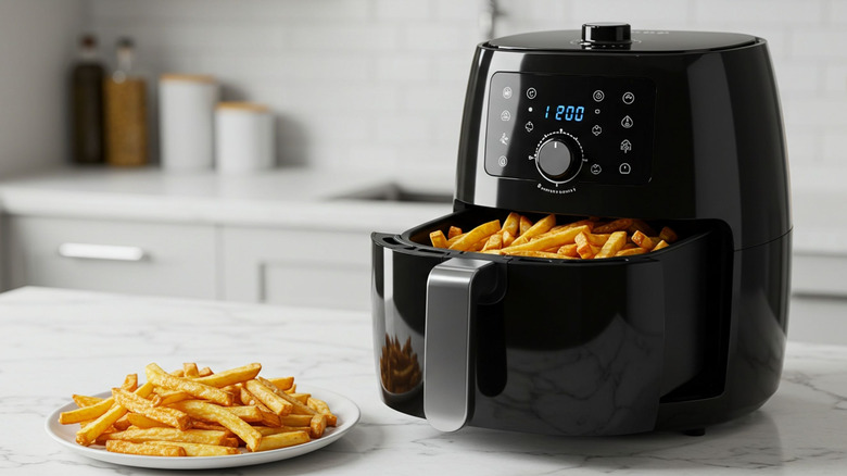 Crispy french fries cook in a black air fryer on a marble countertop, with a plate of golden fries beside it