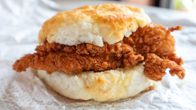 Chick-fil-A Chicken Biscuit on a paper wrapper