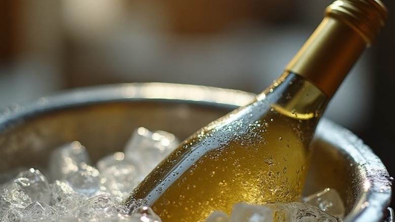 Bottle of white wine chilling in an ice bucket.
