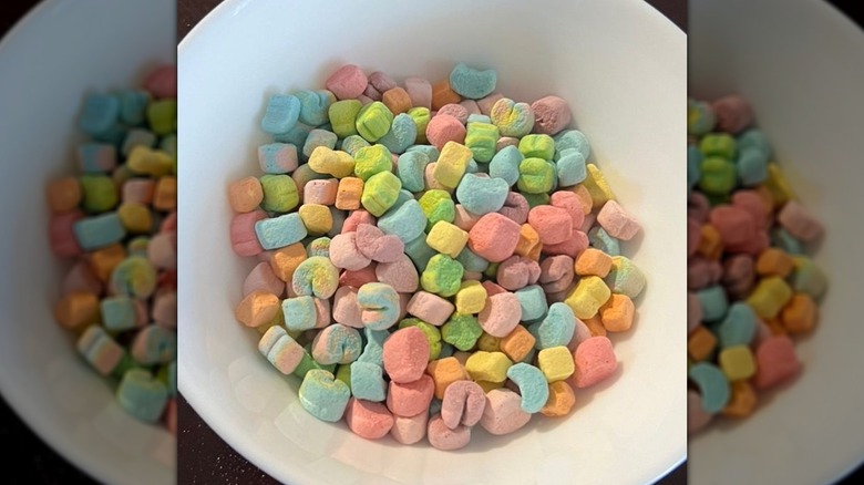 A white bowl full of Lucky Charm Marshmallows