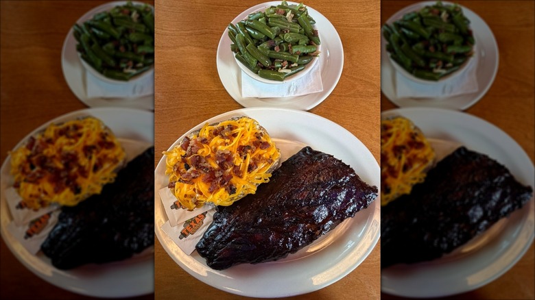 Texas Roadhouse ribs on white plate with loaded baked potato and green beans