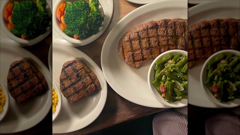 Texas Roadhouse Hand-Cut Sirloin in two different sizes on round white plates with various side dishes