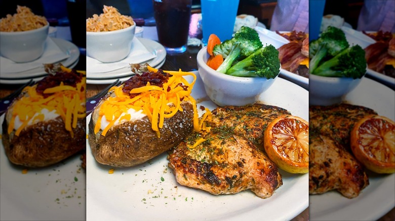 Texas Roadhouse Herb Crusted Chicken on a plate with a loaded baked potato and steamed veggies