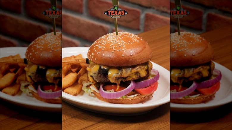 Texas Roadhouse cheeseburger on white plate with steak fries