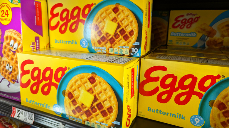 Boxes of Eggo frozen waffles at a grocery store