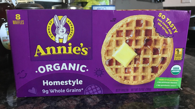 A box of Annie's organic homestyle frozen waffles
