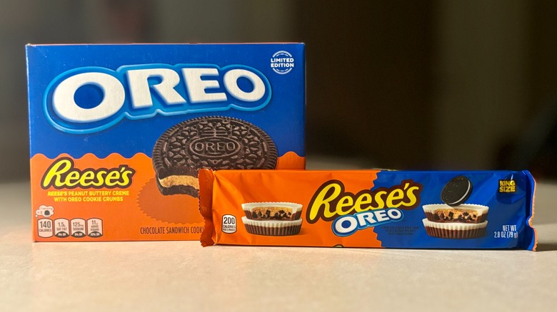 Oreo Reese's Cookie and Reese's Oreo Cup packaging on counter