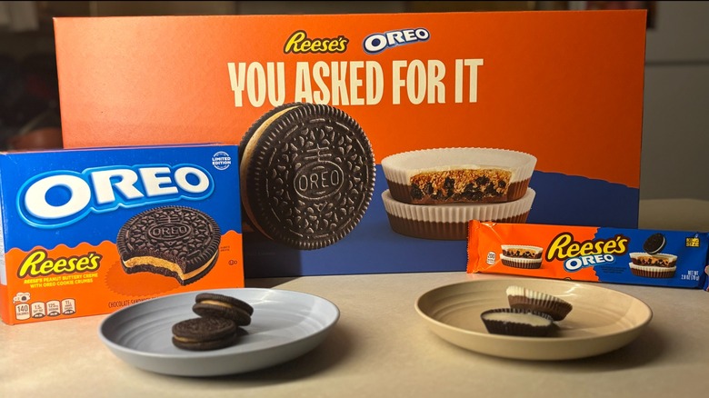 Oreo Reese's Cookie and Reese's Oreo Cup with display in background